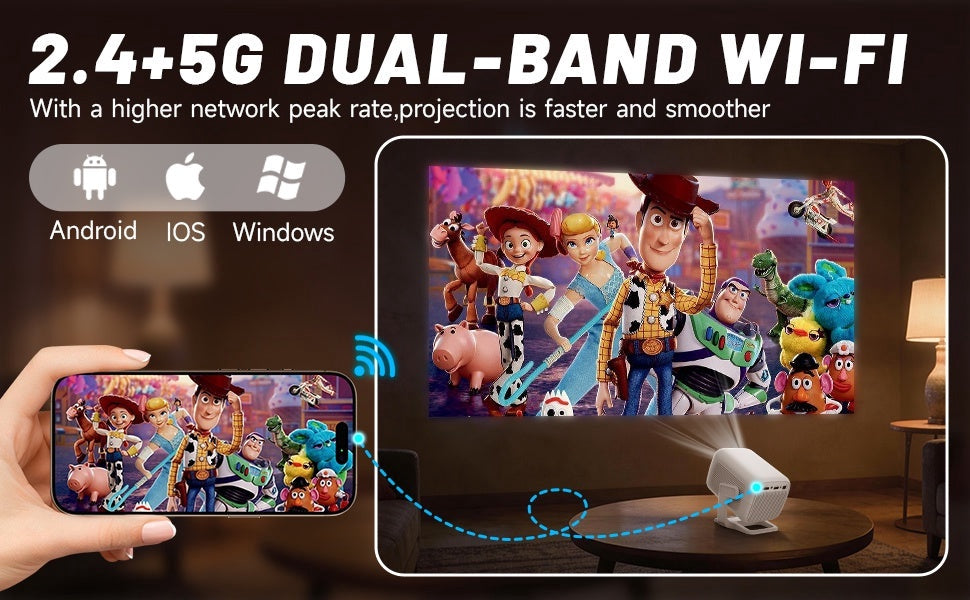 NÖRDIC 1080P Projektori Netflix-sertifioitu 200 ANSI lumen 2.4/5G WiFi 6 tuki iOS/Androidille