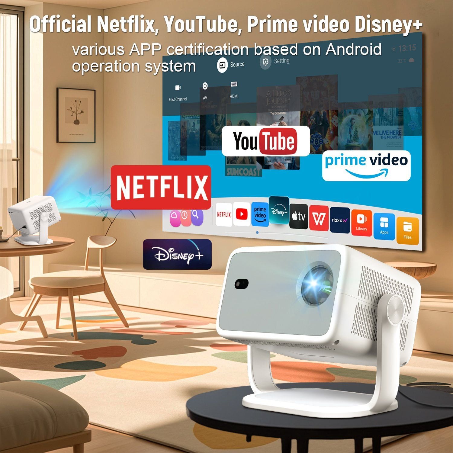 NÖRDIC 1080P Projektori Netflix-sertifioitu 320 ANSI lumen 2.4/5G WiFi 6 tuki iOS/Androidille