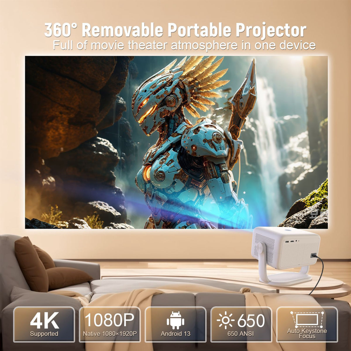 NÖRDIC 1080P Projektori Netflix-sertifioitu 320 ANSI lumen 2.4/5G WiFi 6 tuki iOS/Androidille