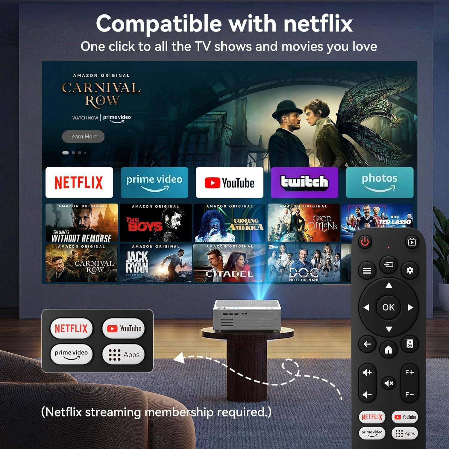 NÖRDIC 1080P Projektori, Sertifioitu Netflix, Prime Videolle, Disney+:lle ja YouTubelle, 300 ANSI lumenia, 2.4/5G WiFi 6 -tuki iOS/Androidille