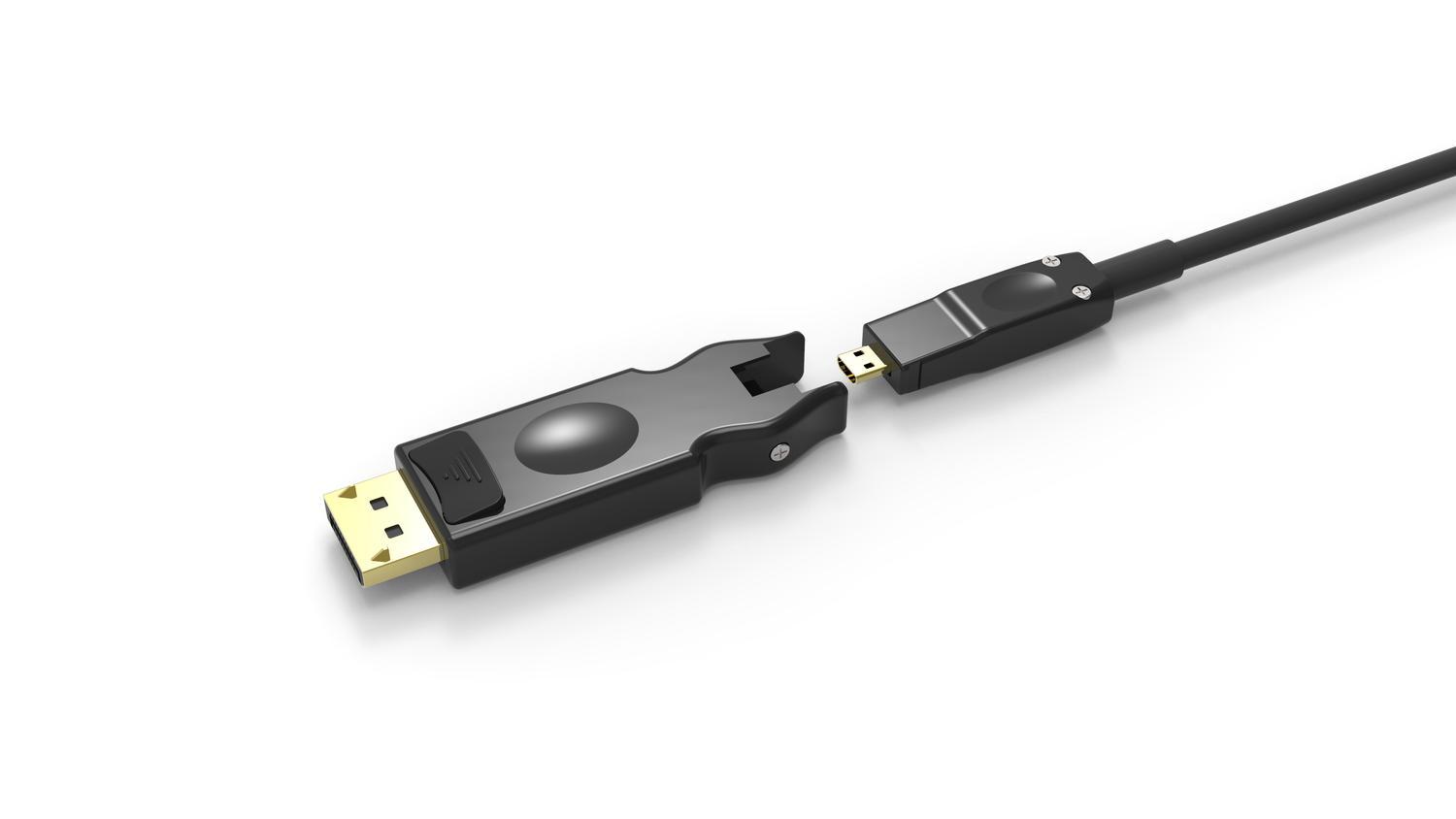 NÖRDIC 10m HDMI 2.0 AOC aktiivikuitukaapeli, 5 in 1 irrotettavilla adaptereilla HDMI, DVI, USB-C, DP ja HDMI-D