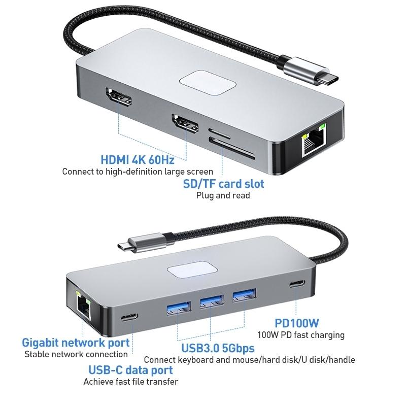 NÖRDIC 1-10 USB-C-telakointiasema 2xHDMI 4K60Hz 3xUSB3.0, 1xUSB-C, 1xRJ45 GigaLan, 1xPD100W, 1xSD & 1xMicroSD