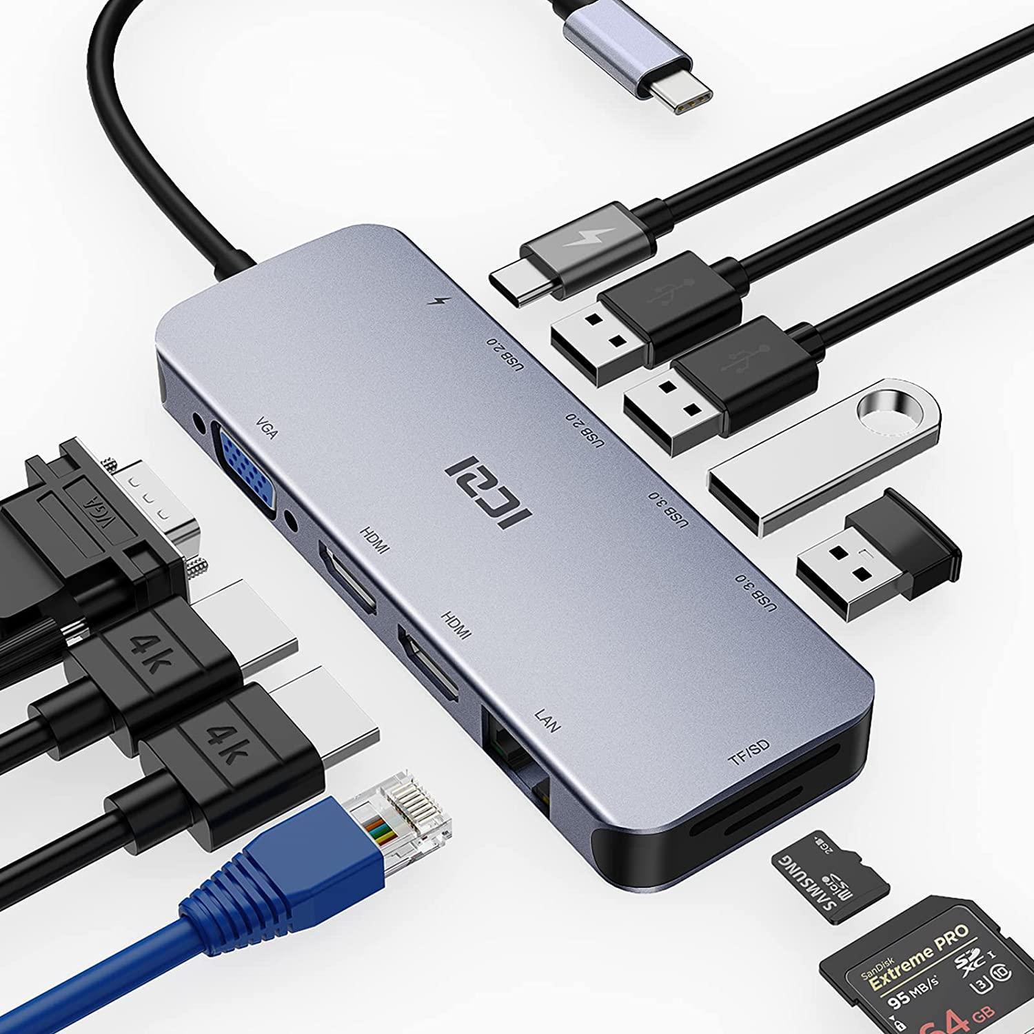 NÖRDIC 1-11 USB-C-telakointiasema kolminkertaisille näytöille 2xHDMI 4K30Hz, 1xVGA Mac M1 M2 PD 100W Thunderbolt 3 & 4