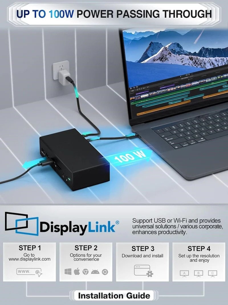 NÖRDIC 1-14 DisplayLink-telakointiasema 2xHDMI 1xVGA 5xUSB-A 1xUSB-C 100W PD 2x SD/TF-kortinlukija 2x3,5mm AUX