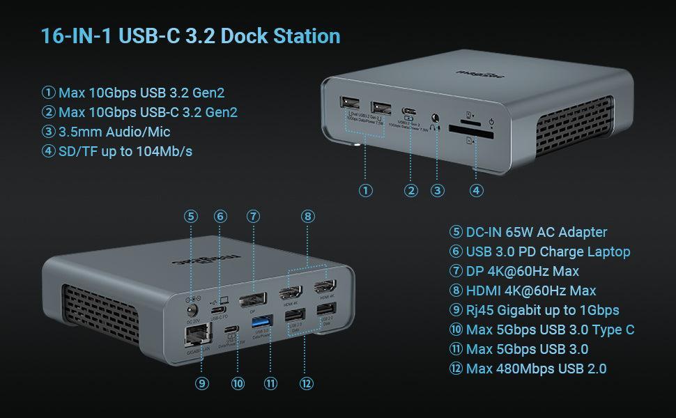 NÖRDIC 1-16 USB-C-telakointiaseman kolminkertainen näyttö 2xHDMI 1xDP 4K60Hz 7xUSB 1xUSB-C PD65W 1xRJ45 1xAudio 1xSD 1xMicro SD Thunderbolt 3/4 USB4