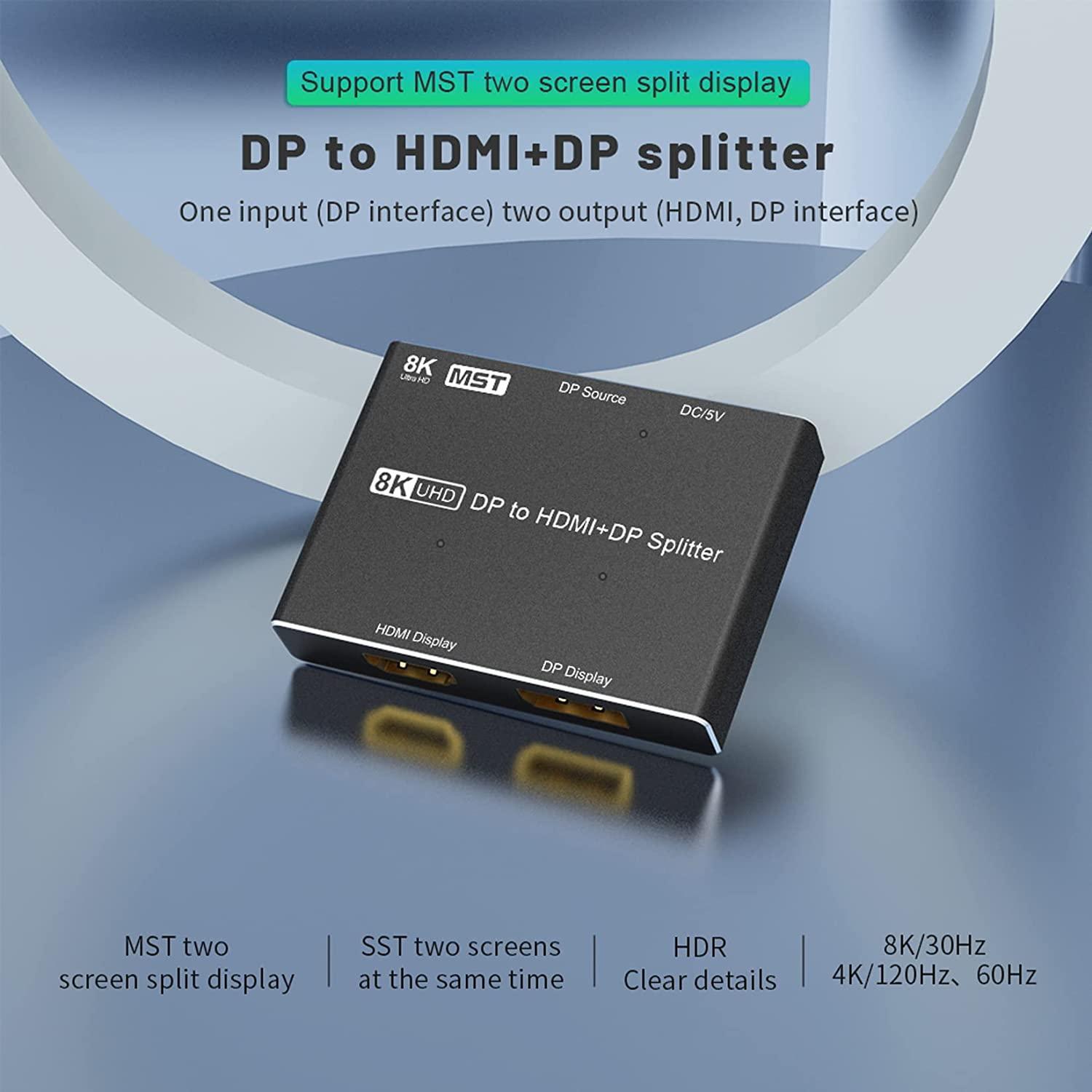 NÖRDIC 1-2 -jakaja 1xDisplayport 1xHDMI:hen ja 1xDisplayport 8K30Hz tuki MST:lle ja HDR:lle