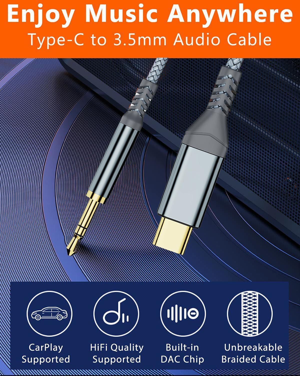 NÖRDIC 1,2 m USB-C - 3,5 mm kuulokeliitäntä AUX-kaapeli