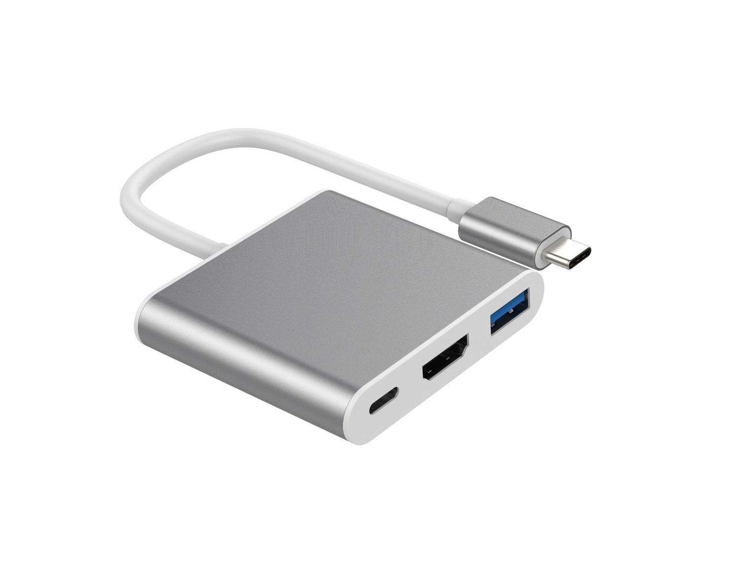 NÖRDIC 1–3 -telakointiasema, USBC–HDMI 4K 30 Hz, USB C Power Delivery 60 W ja USB A 3.1 5 Gb/s, hopea