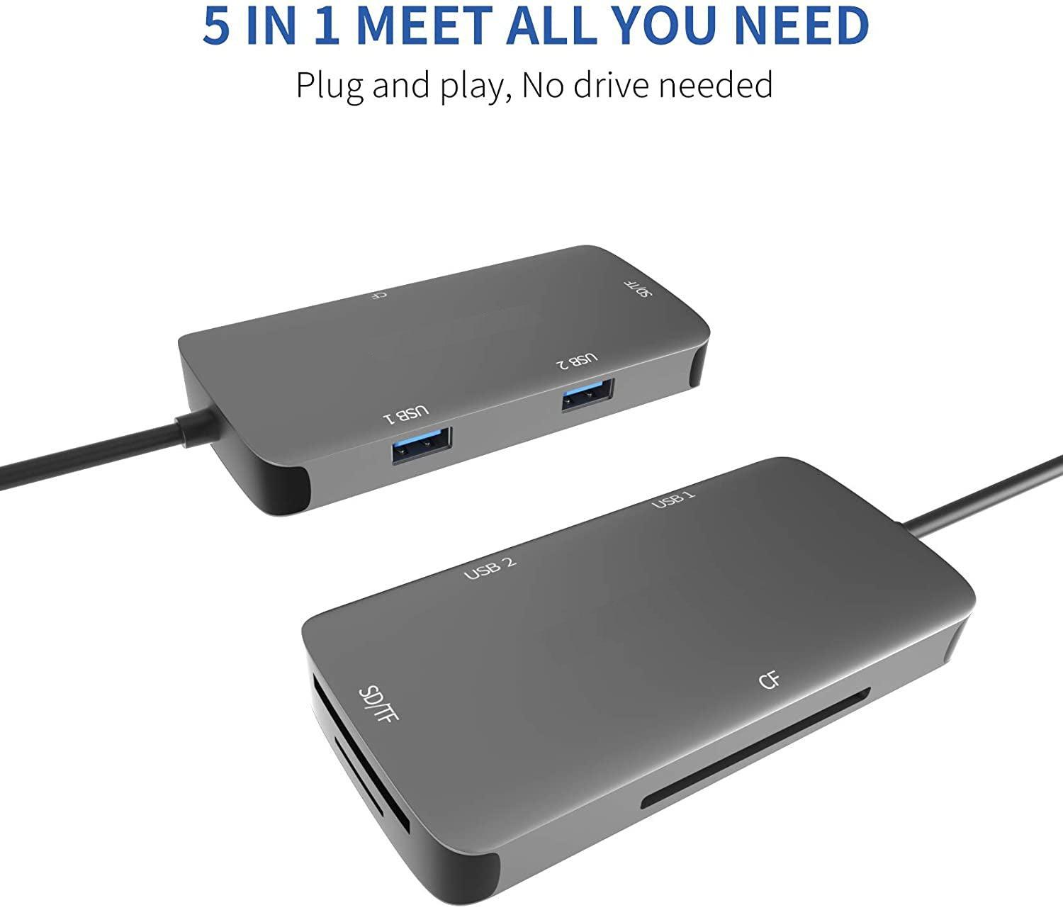 NÖRDIC 1-5 USB-C-sovitin SD / TF ja CF-kortinlukija 2xUSB3.0 jopa 5Gbps