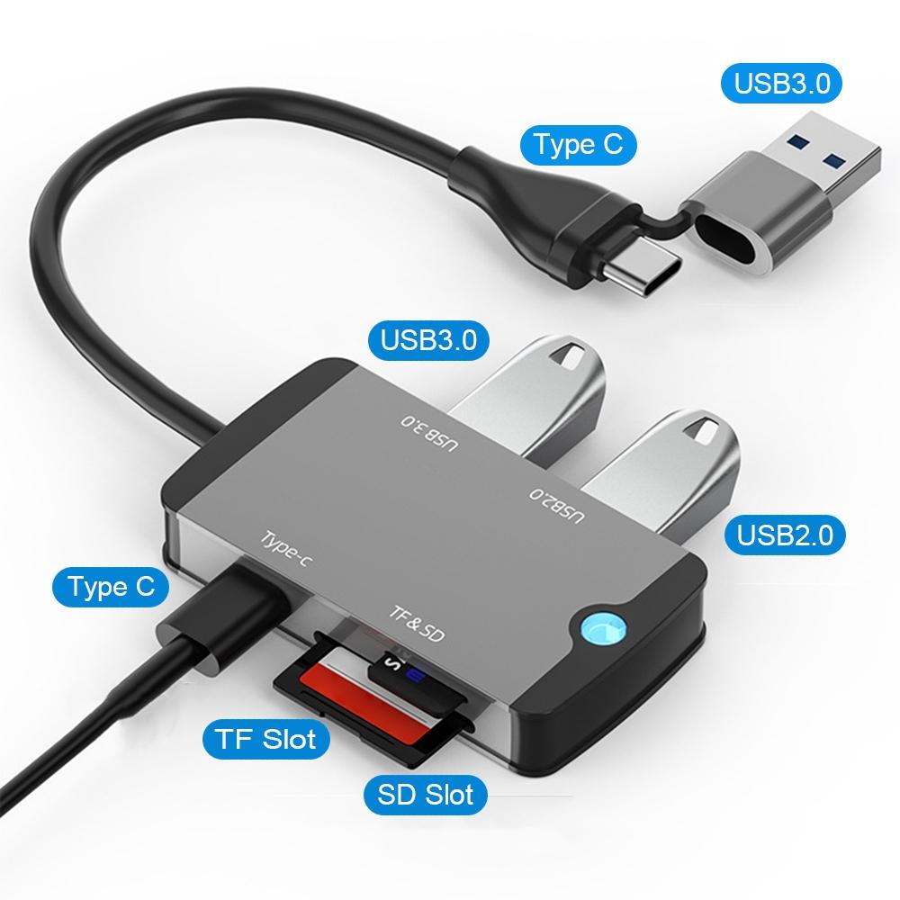 NÖRDIC 1-5 USB-telakointiasema ja kortinlukija - SD, MicroSD/TF, 2x USB-A, 1xUSB-C