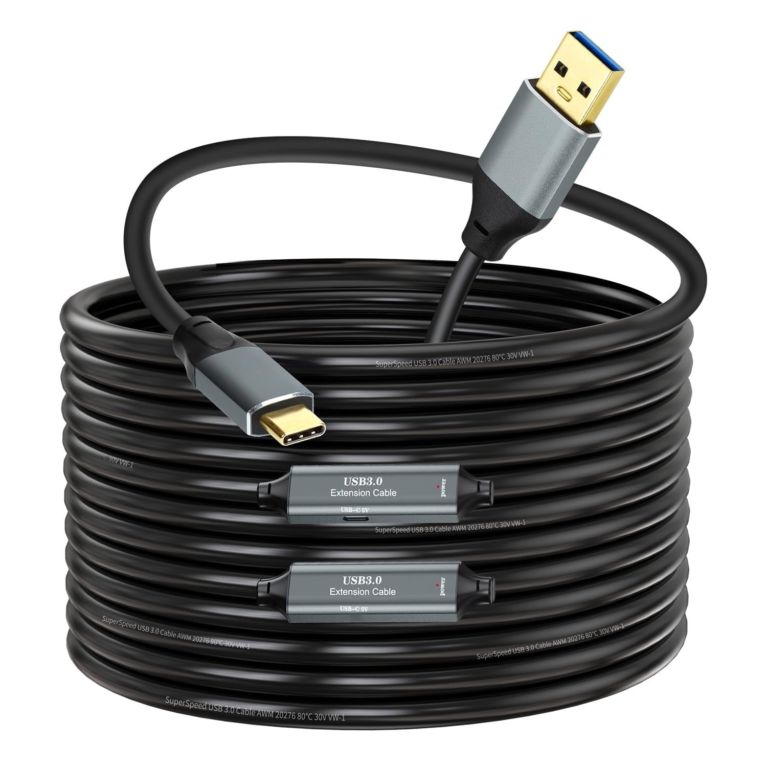 NÖRDIC 15m Aktiivinen USB 3.0 A–C Kaapeli, 5Gbps Super Speed USB-kaapeli Yhteensopiva VR:n, Kameran, Telakointiaseman ja muun kanssa