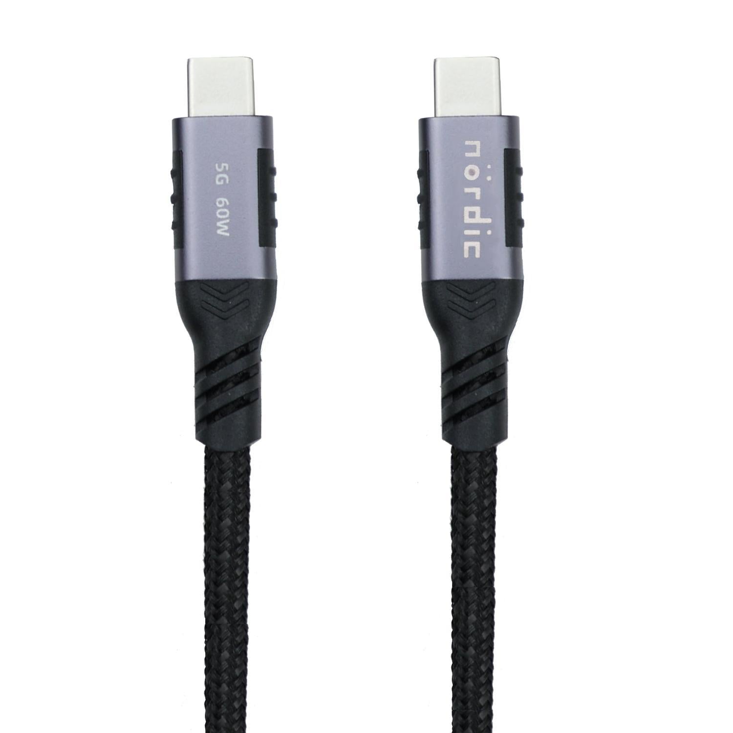 NÖRDIC 1,5 m USB3.2 Gen1 USB-C - C nylon punottu kaapeli pikalataus 3A 5Gbps Virtalähde PD 60W