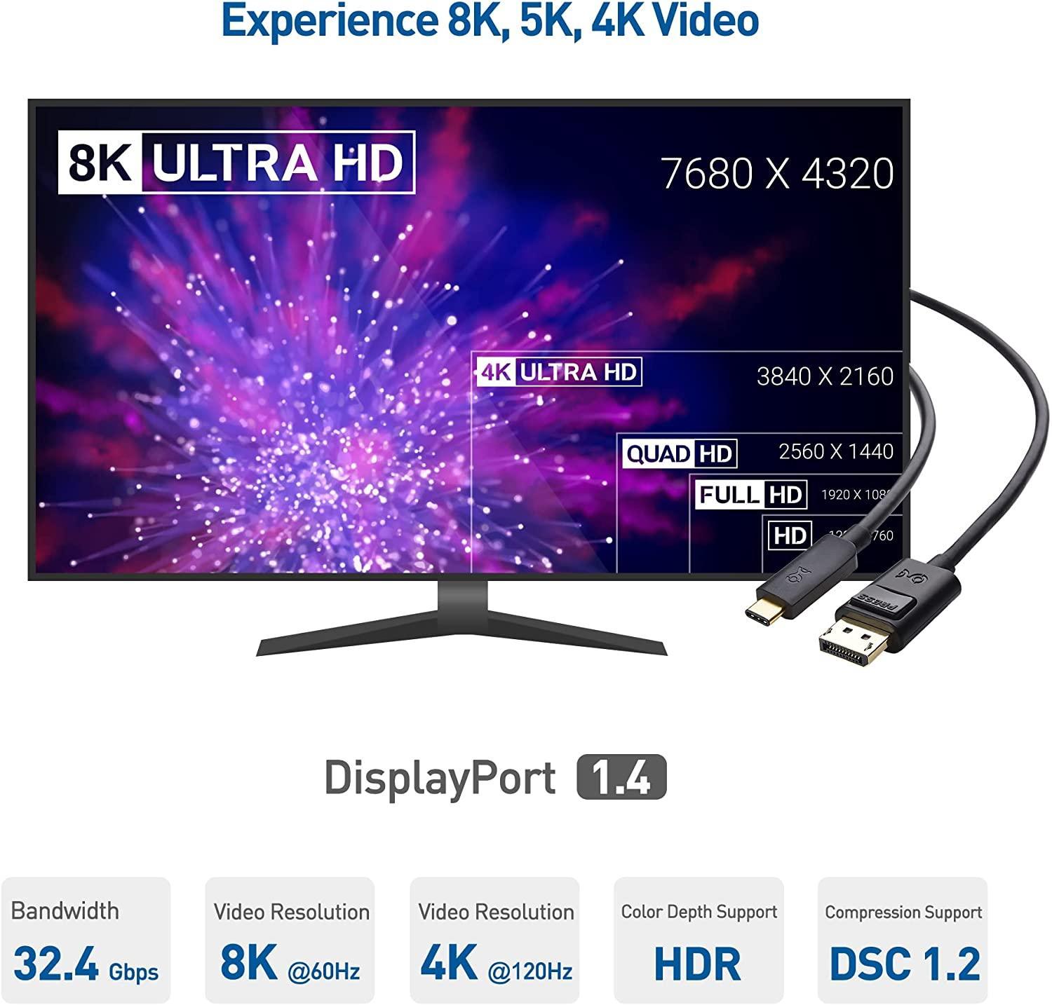 NÖRDIC 1,5 m USBC–DP 1,4 kaapeli 8K30Hz 4K120Hz 32.4Gbps HBR3 HDR10