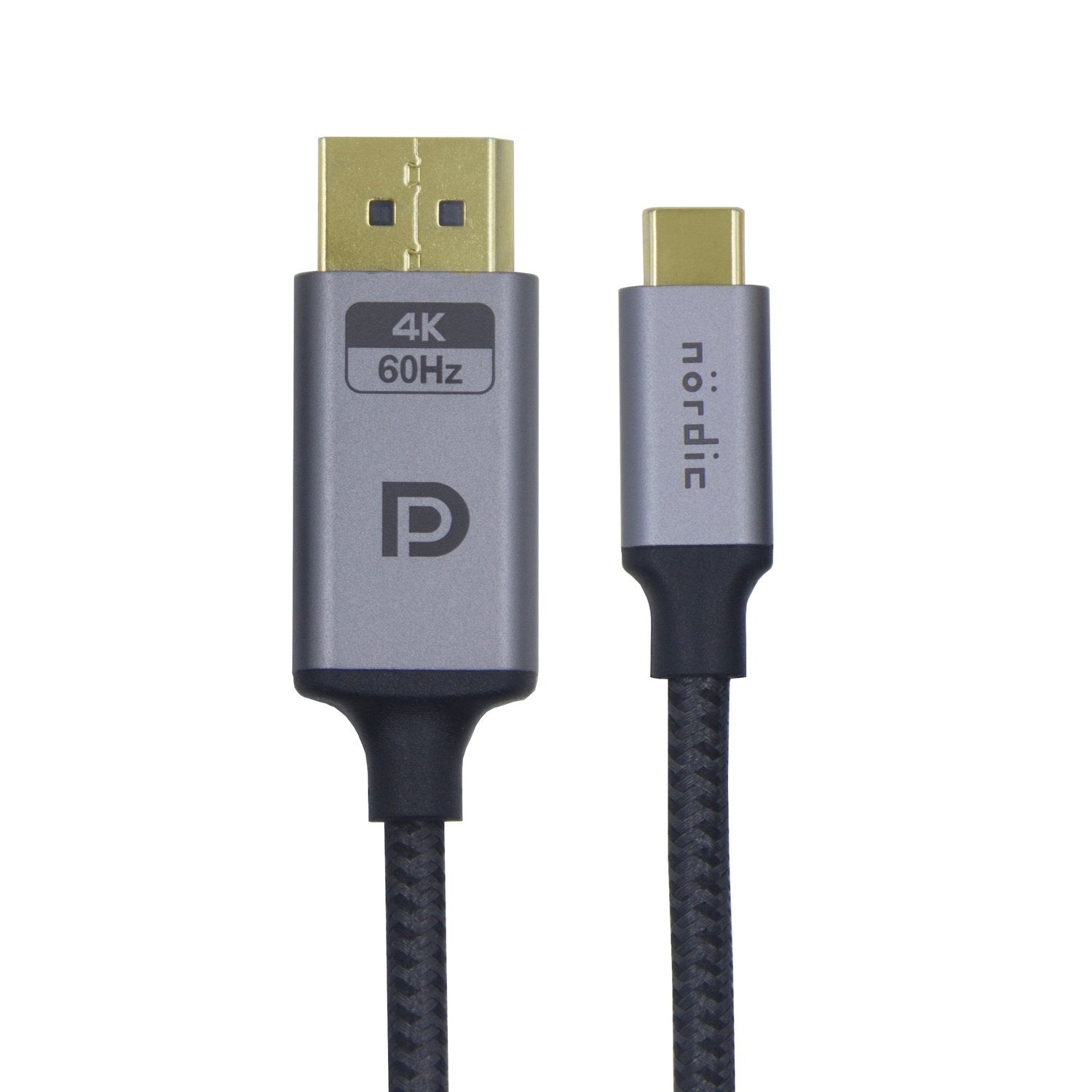 NÖRDIC 1,5 m USB-C-Displayport-kaapeli UHD 4K 60 Hz DP 1,2 21,6 Gbps HDCP Alt Mode USB-C:n kautta, alumiiniliittimet Space Grey