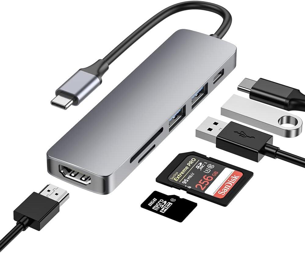 NÖRDIC 1-6 USB C alumiinitelakointiasema 1xHDMI 4K 30Hz 1xUSB-A 3.0 1xUSB-A 2.0 5Gbps 1x USB C PD87W 1xSD/TF-kortinlukija