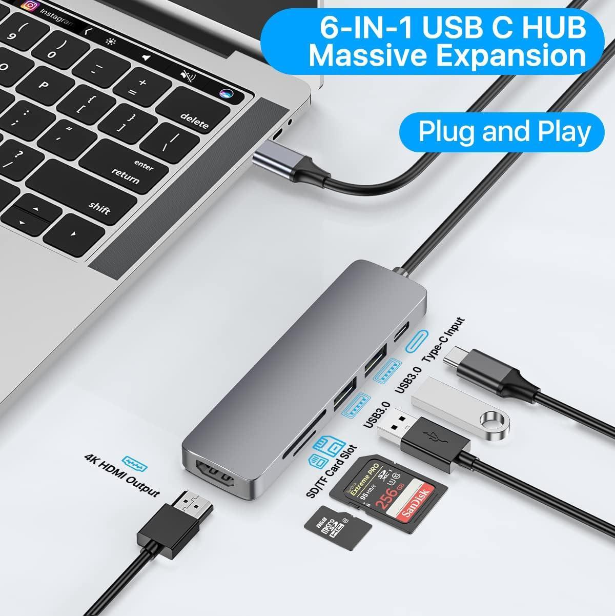 NÖRDIC 1-6 USB C alumiinitelakointiasema 1xHDMI 4K 30Hz 1xUSB-A 3.0 1xUSB-A 2.0 5Gbps 1x USB C PD87W 1xSD/TF-kortinlukija