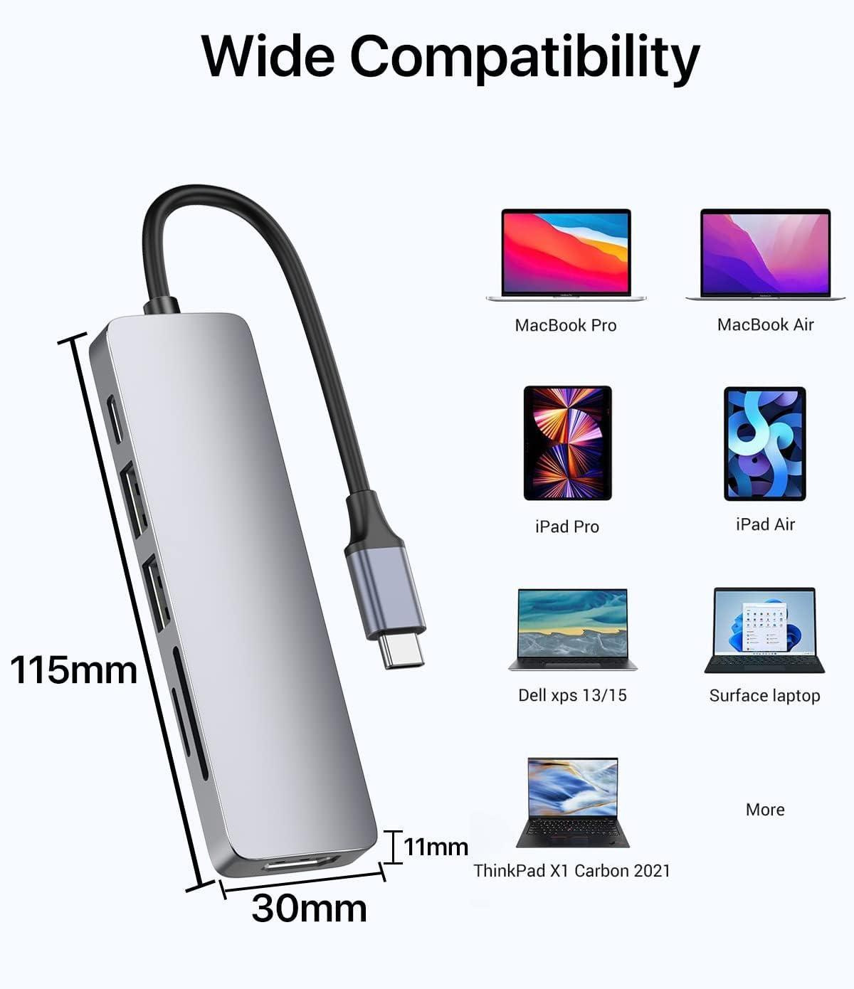 NÖRDIC 1-6 USB C alumiinitelakointiasema 1xHDMI 4K 30Hz 1xUSB-A 3.0 1xUSB-A 2.0 5Gbps 1x USB C PD87W 1xSD/TF-kortinlukija