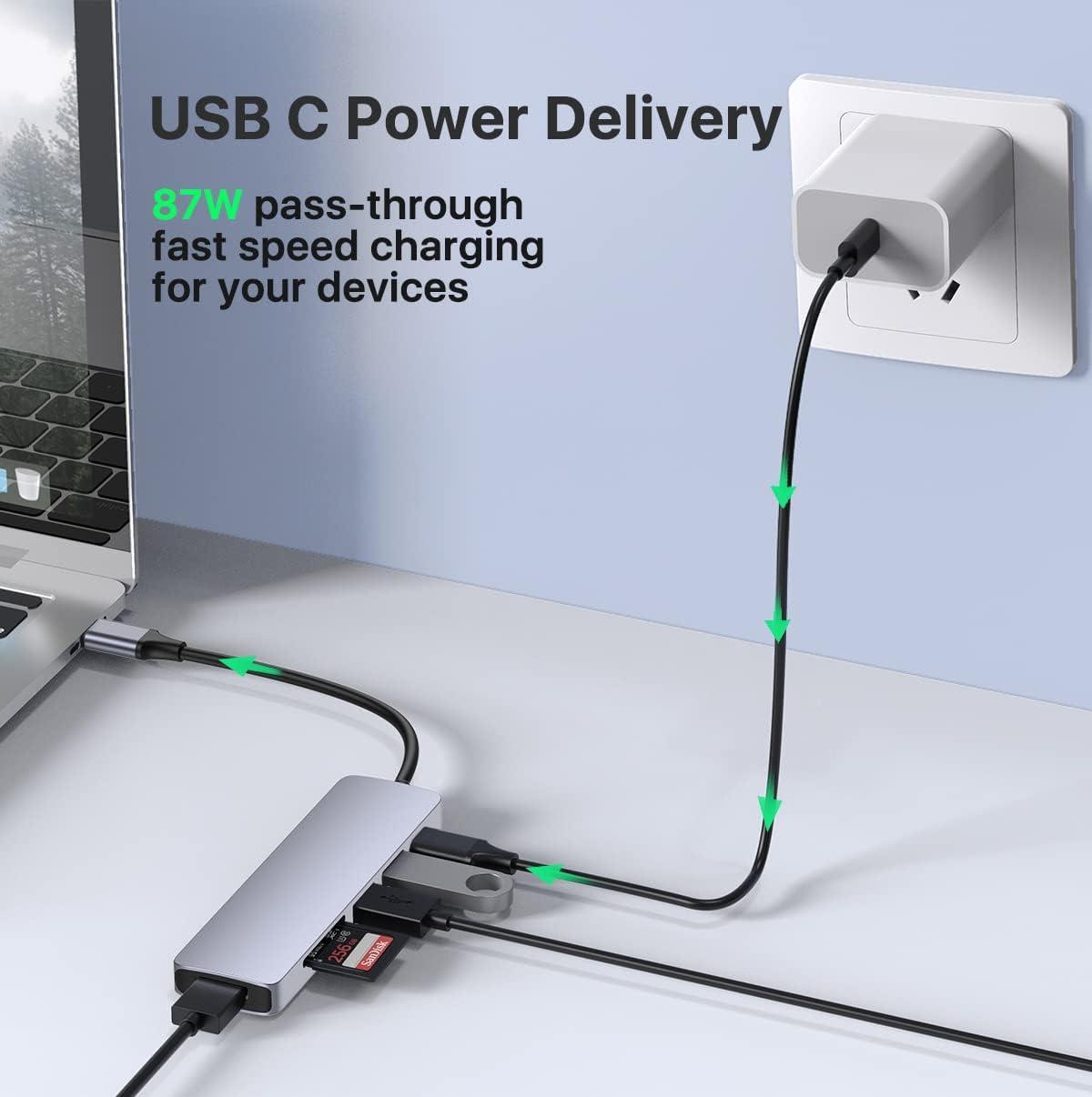 NÖRDIC 1-6 USB C alumiinitelakointiasema 1xHDMI 4K 30Hz 1xUSB-A 3.0 1xUSB-A 2.0 5Gbps 1x USB C PD87W 1xSD/TF-kortinlukija