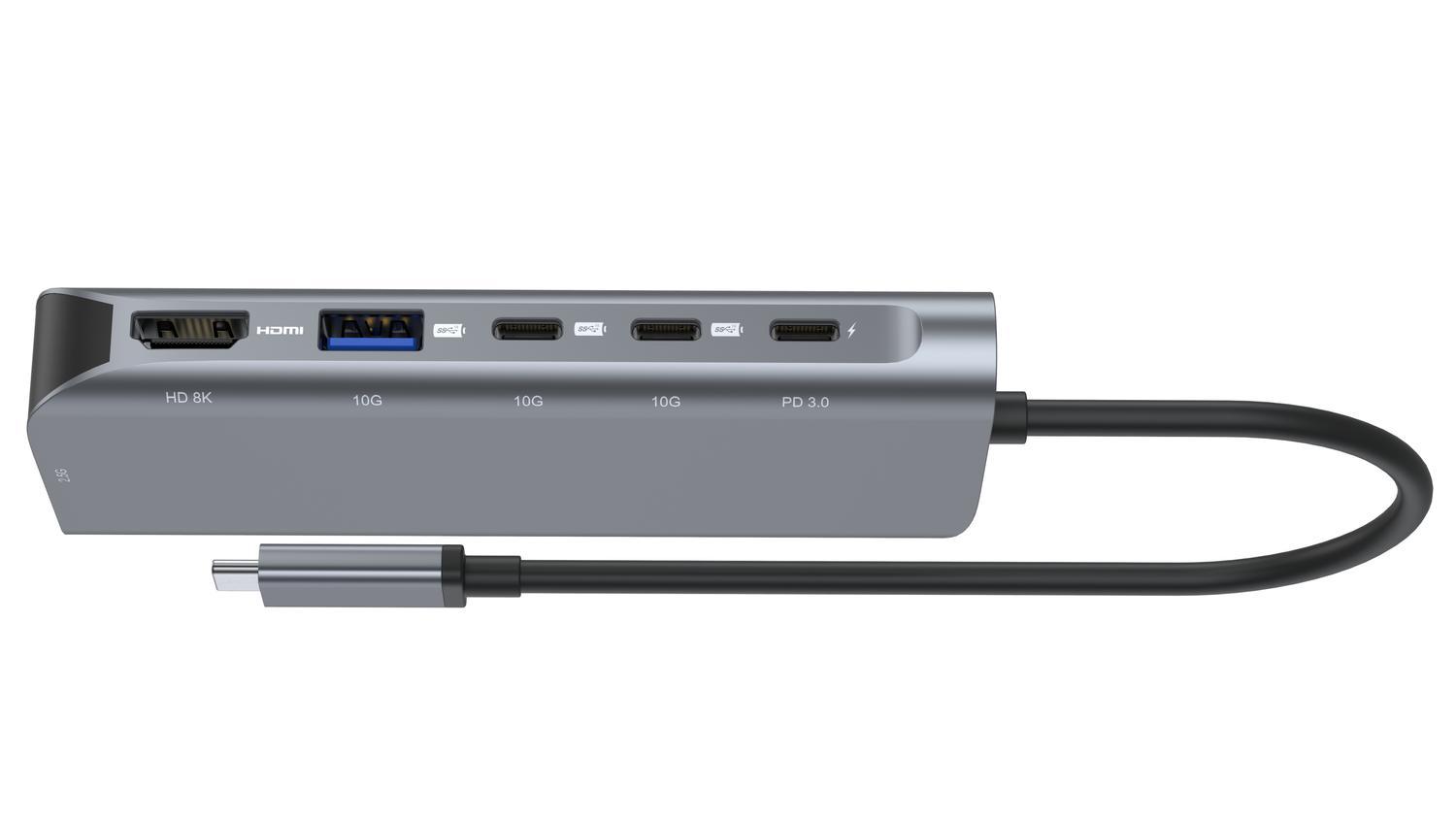 NÖRDIC 1–6 USB-C-telakointiasema 1xHDMI 8K60Hz 4K120Hz 2xUSB-C 10G 1xUSB-A 10G 1xRJ45 2,5G 100W PD3.0 Macbook M1 M2 Thunderbolt 3 4 USB4