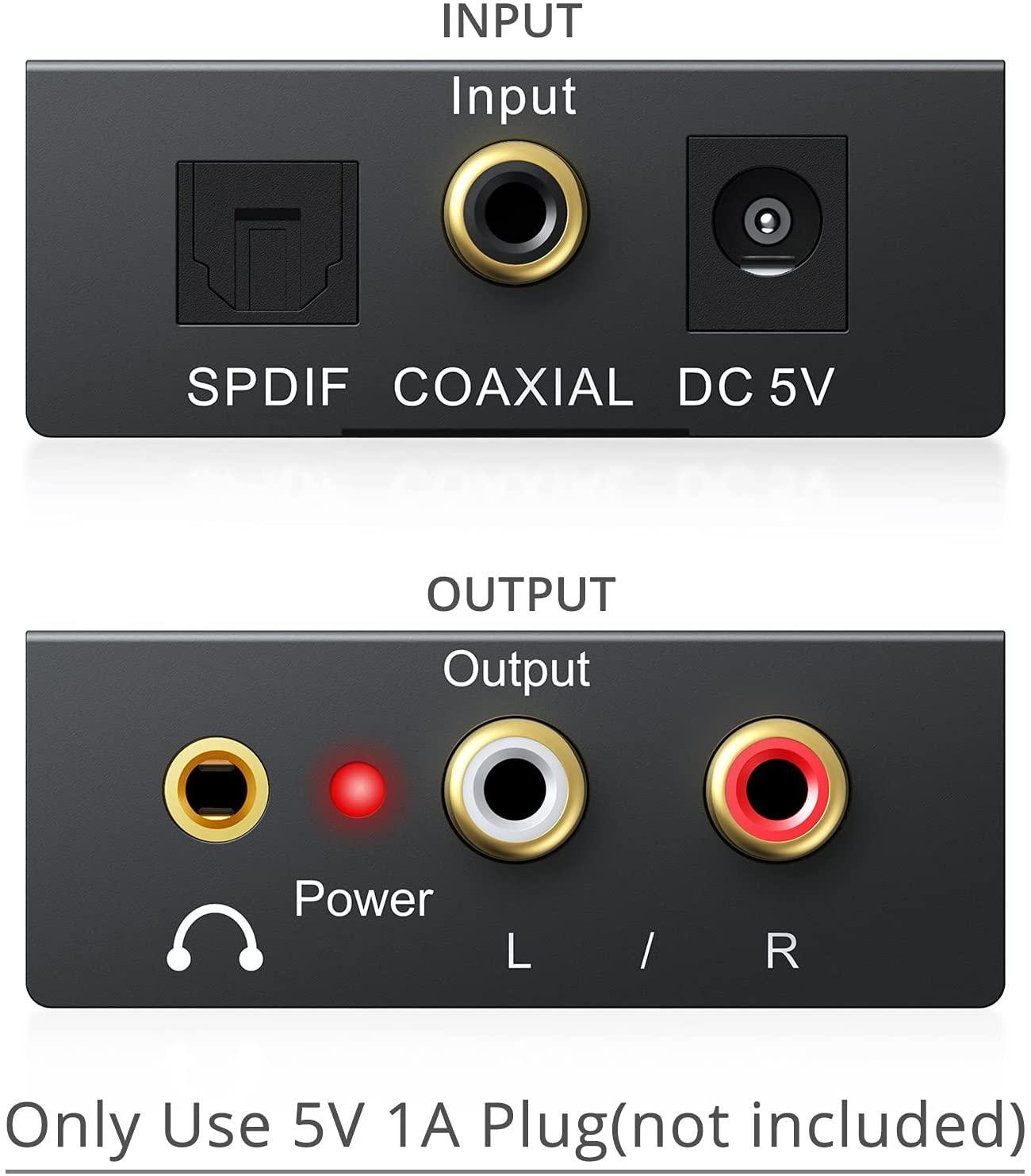 NÖRDIC 192 kHz audiomuunnin digitaalisesta analogiseen, Toslink ja koaksiaali, RCA L/R ja 3,5 mm, AUX D/A -muunnin