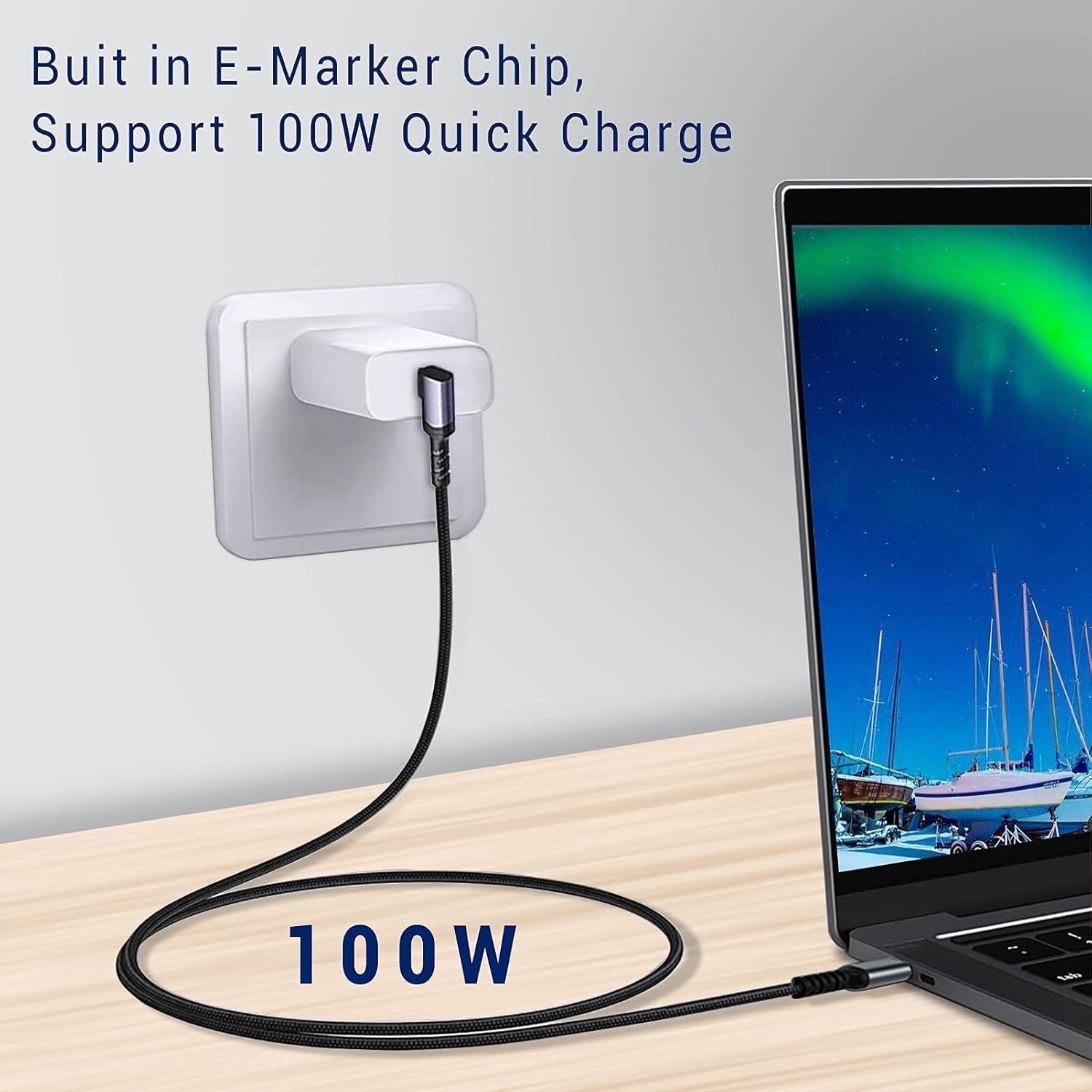 NÖRDIC 1m 10Gbps 5A Power Delivery PD100W Emarker USB3.2 Gen2 USB-C to C nylon punottu kaapeli pikalataus musta