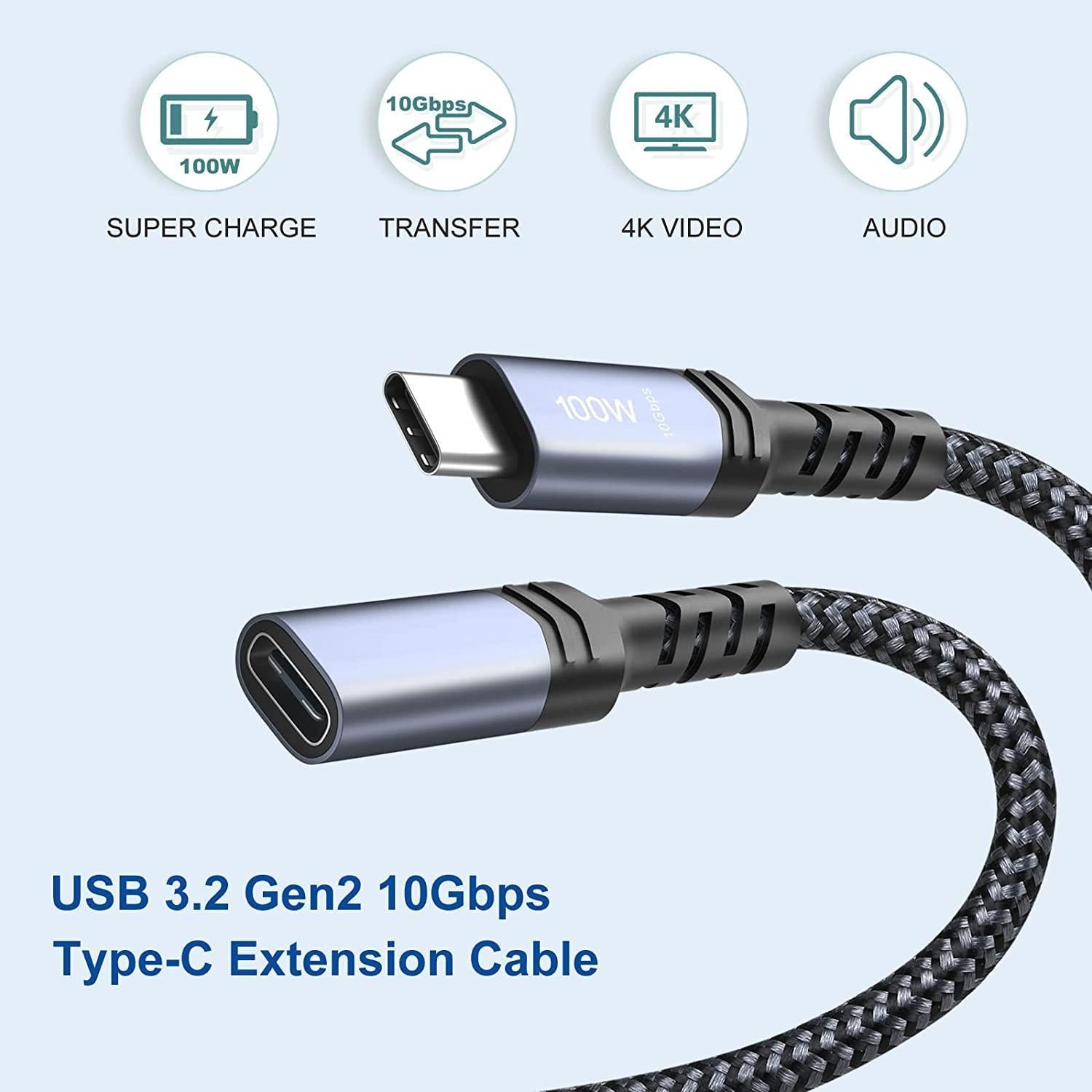 NÖRDIC 1m USB3.2 Gen2 USB-C jatkokaapeli uros-naaras 10Gbps 5A 100W Thunderbolt3