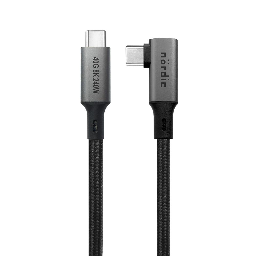 NÖRDIC kulmikas 1 m USB4 USB-C - C Nylon punottu kaapeli PD3.1 240W 40G 8K60Hz 4K144Hz harmaa