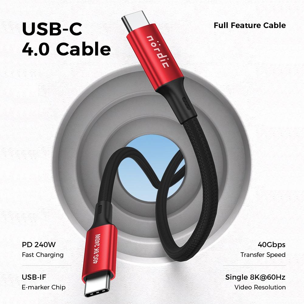 NÖRDIC 1m USB4 USB-C–C nylonpunoskaapeli PD3.1 240W 40G 8K60Hz 4K144Hz punainen