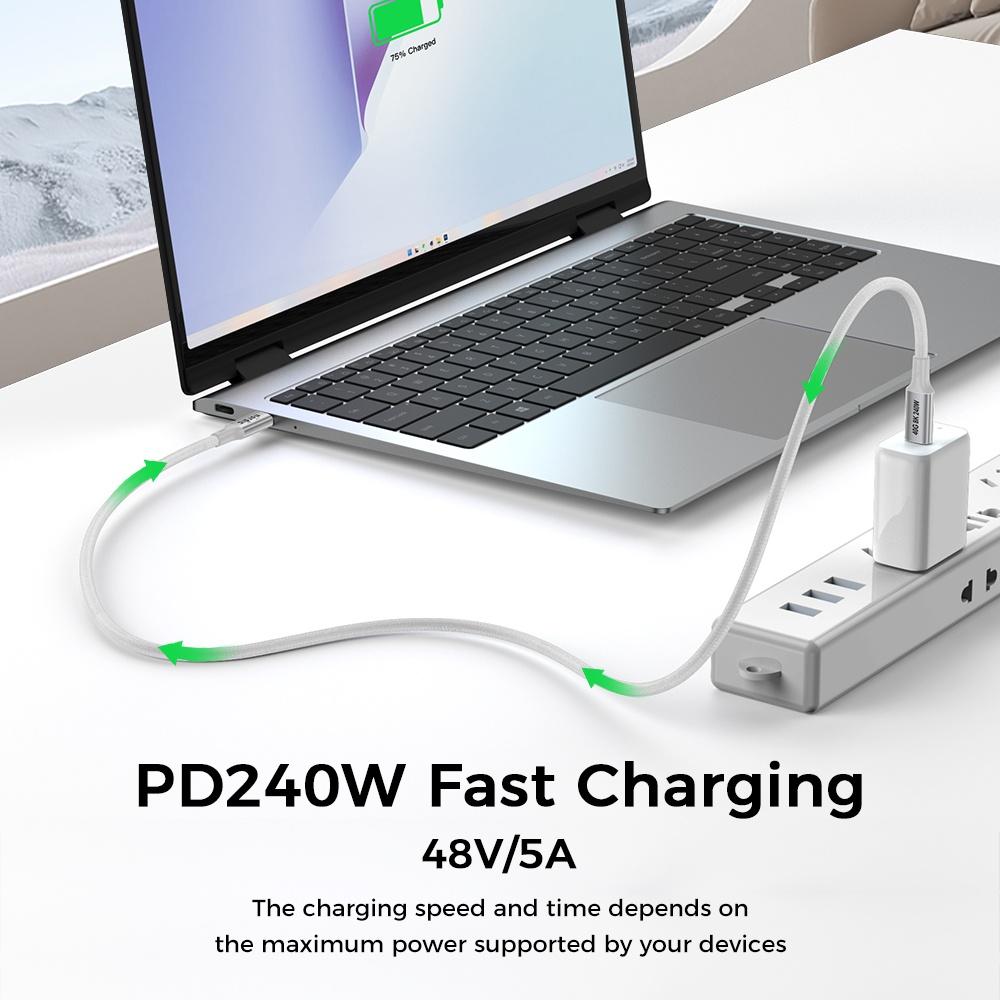 NÖRDIC 1m USB4 USB-C–C nylonpunoskaapeli PD3.1, 240 W pikalataus 40G 8K60Hz 4K120Hz 5K60Hz 2x4K60Hz Emarker