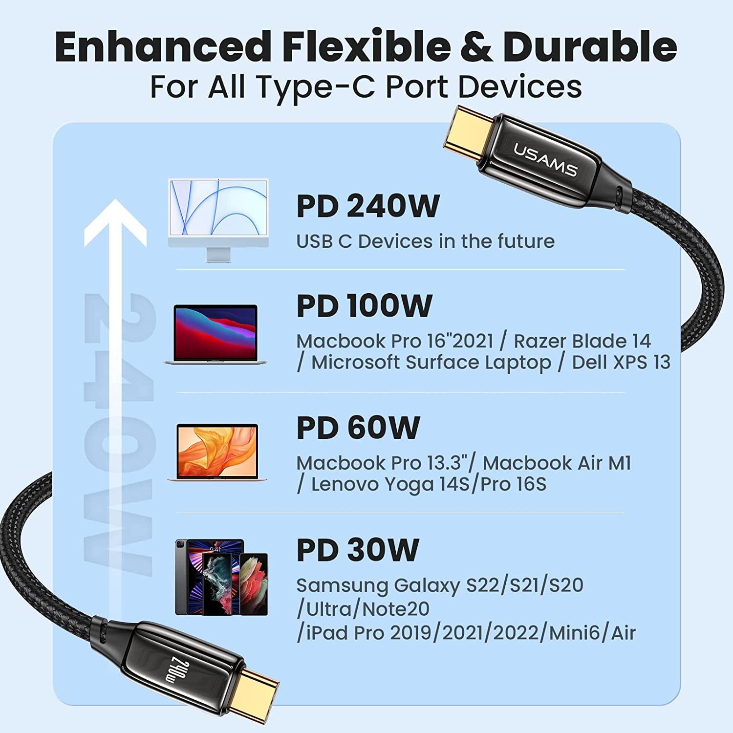 NÖRDIC 1m USB-C–C nailonpunoksinen kaapeli pikalataus PD3.1 240W 48V 5A Emarkerilla