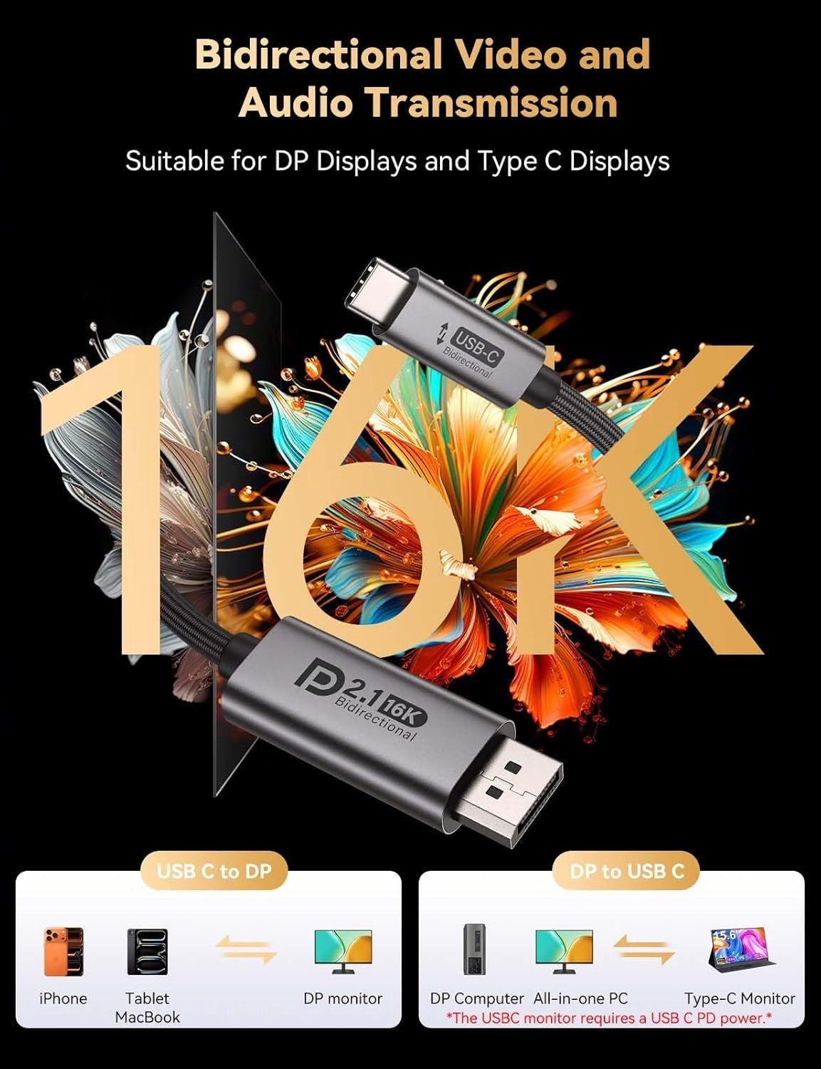 NÖRDIC 1m kaksisuuntainen USB-C – DisplayPort 2.1 kaapeli 16K60Hz 8K240Hz/120Hz 4K240/165/144/60 HDR HDCP2.3