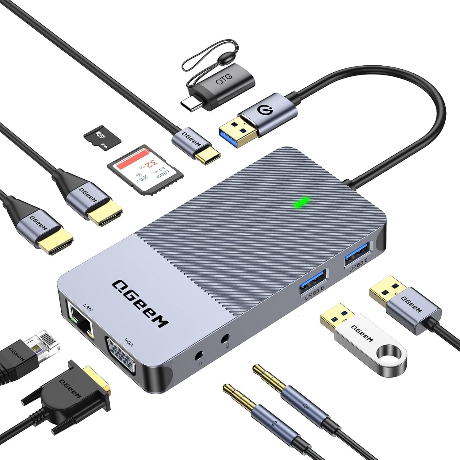 NÖRDIC 1-10 USB-A & C DisplayLink-telakointiasema 2xHDMI, 1xVGA, 2xUSB3.0, 1xRJ45, 2xSD/TF, 2x3,5mm