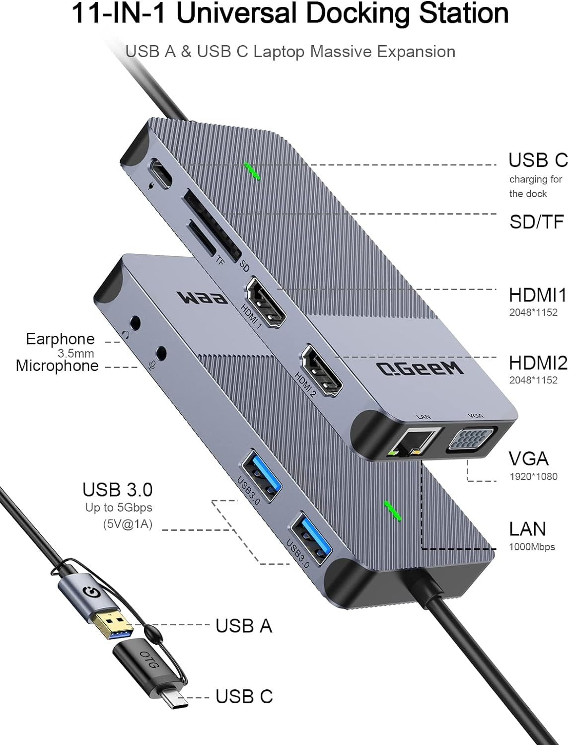 NÖRDIC 1-10 USB-A & C DisplayLink-telakointiasema 2xHDMI, 1xVGA, 2xUSB3.0, 1xRJ45, 2xSD/TF, 2x3,5mm