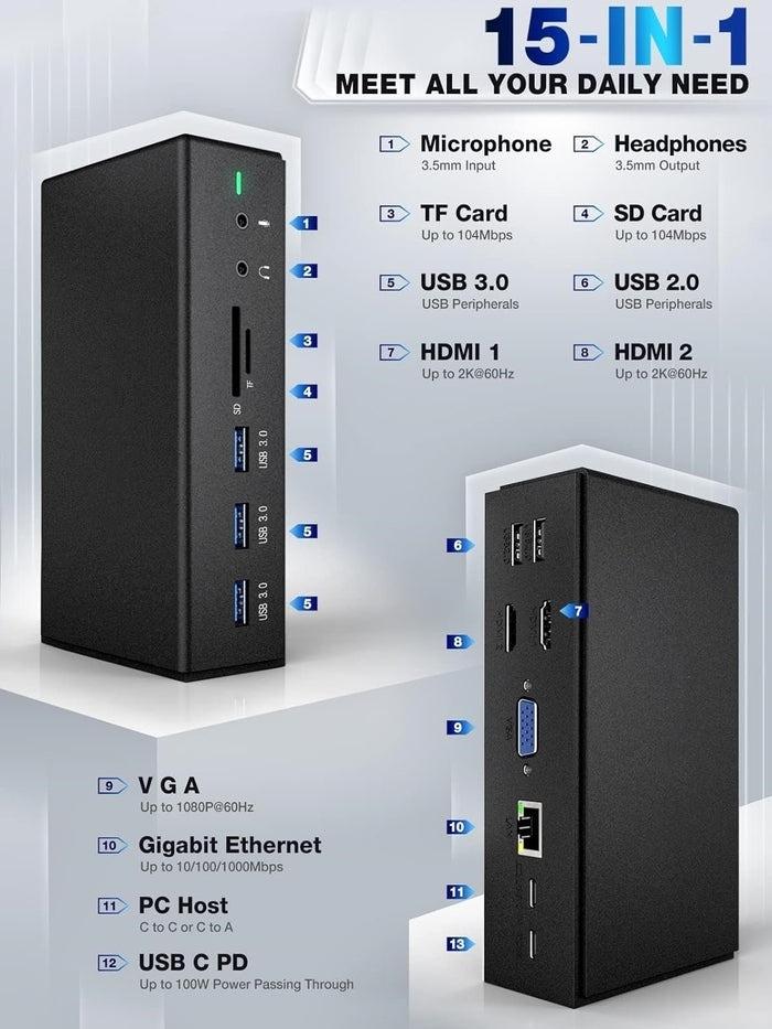 NÖRDIC 1-14 DisplayLink-telakointiasema 2xHDMI 1xVGA 5xUSB-A 1xUSB-C 100W PD 2x SD/TF-kortinlukija 2x3,5mm AUX