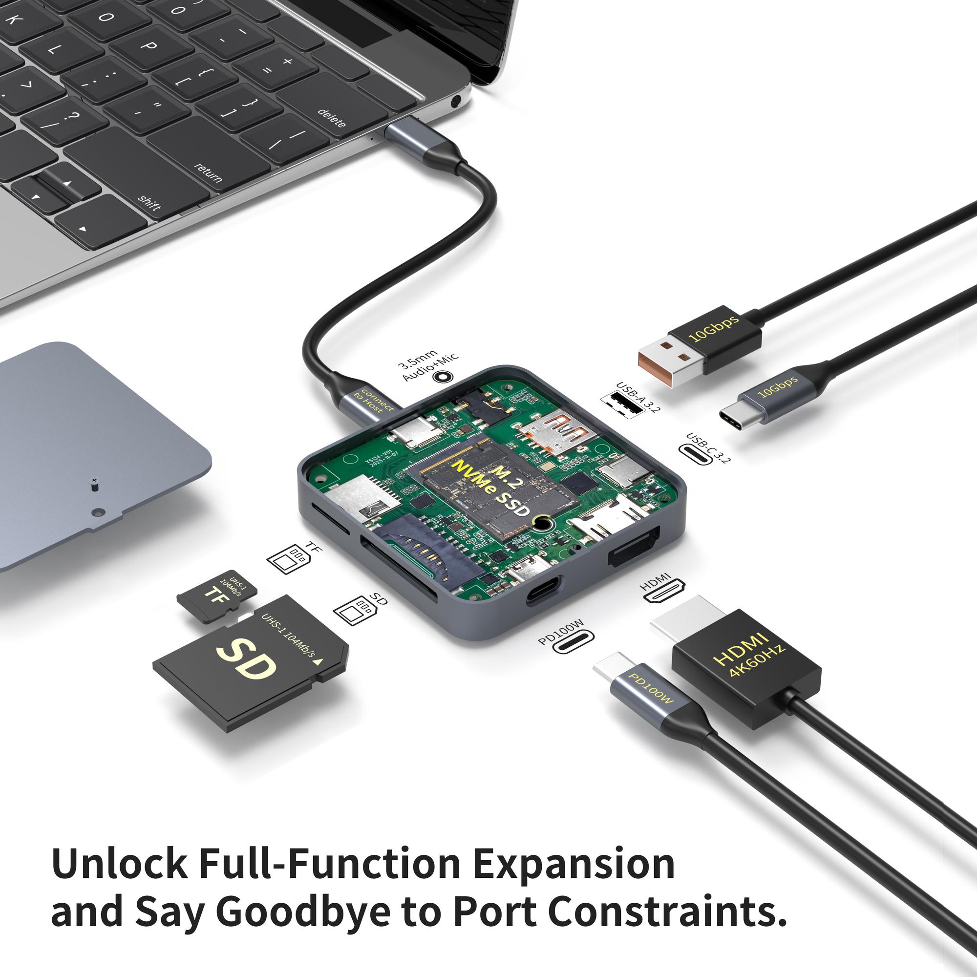 NÖRDIC 1–9 Magneettinen USB-C-telakointiasema 1xHDMI 4K60Hz, 1xUSB-C, 1xUSB-C PD 100W, 1xUSB-A, 1xM.2 SSD, 1xSD, 1xMicroSD, 1x3,5 mm AUX