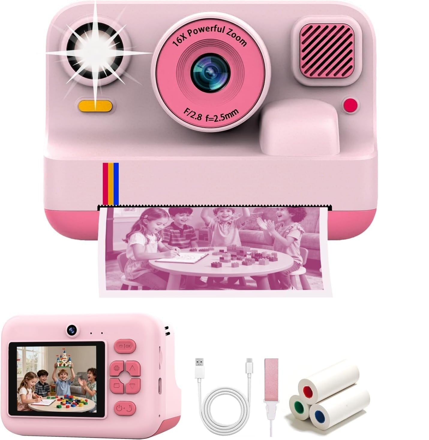 NÖRDIC 2,4" HD Pika-kamera, Mini kamera valokuvien tulostukseen/videotallennukseen, yhteensopiva sovellus, Pinkki