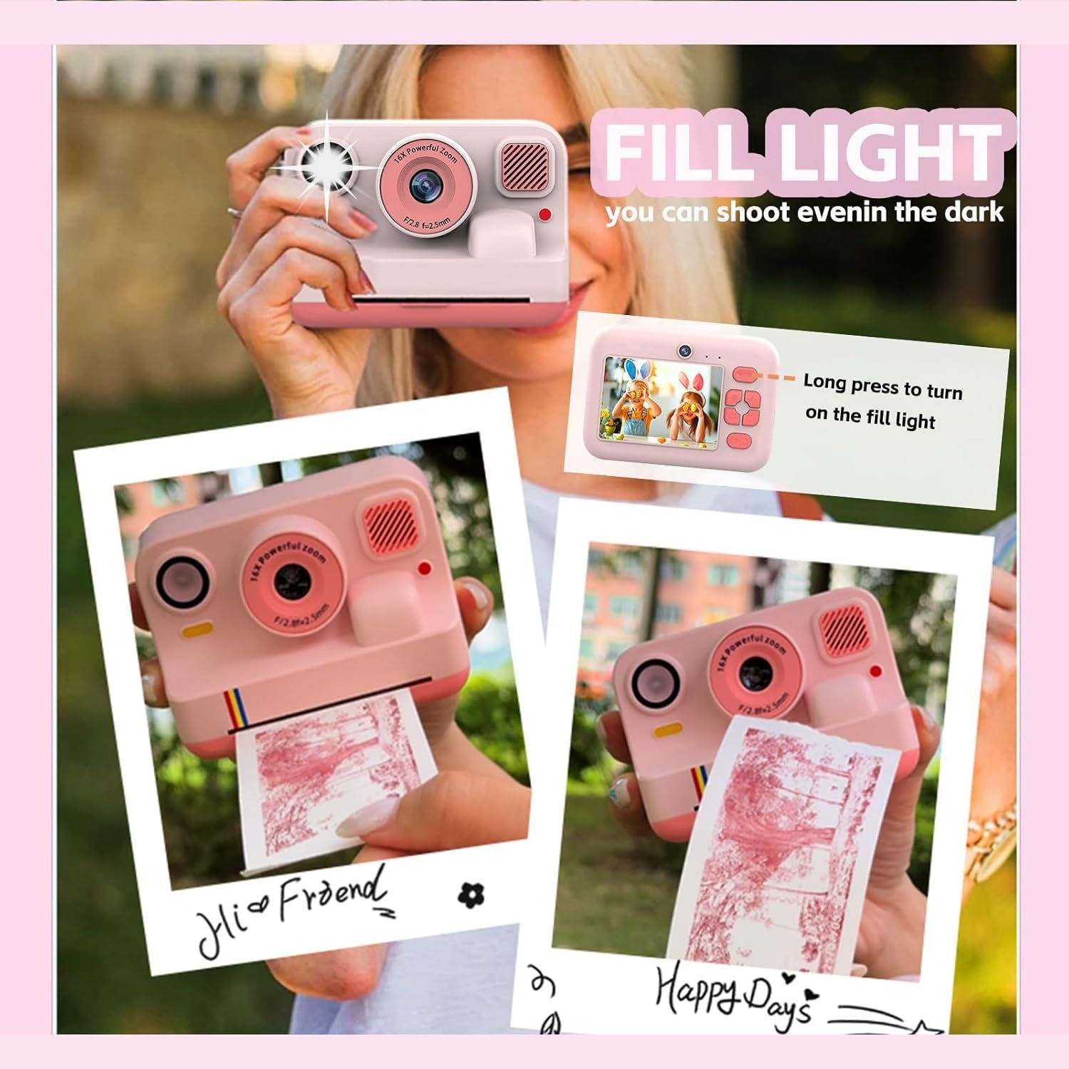 NÖRDIC 2,4" HD Pika-kamera, Mini kamera valokuvien tulostukseen/videotallennukseen, yhteensopiva sovellus, Pinkki