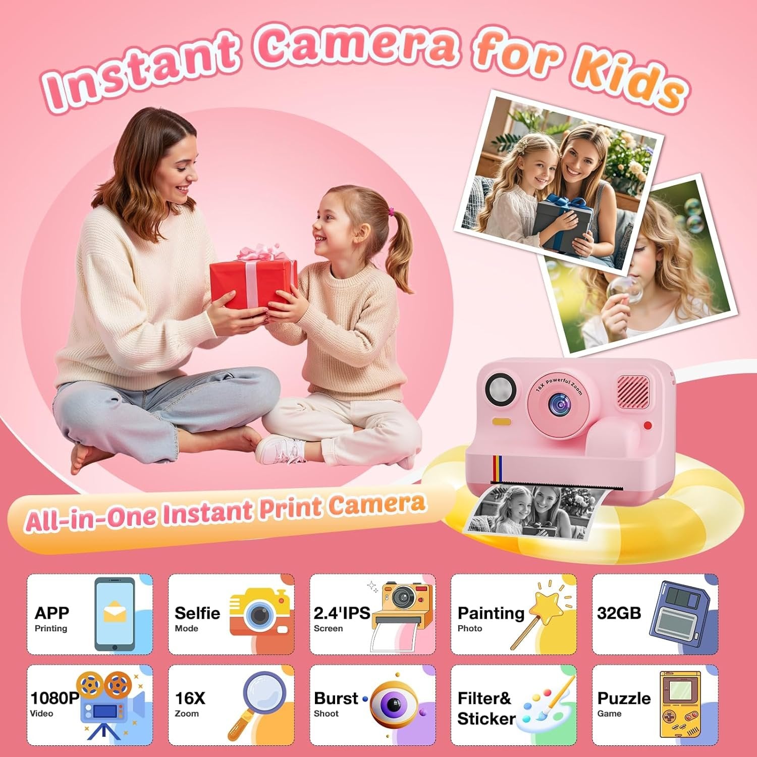 NÖRDIC 2,4" HD Instant-kamera, Mini kamera valokuvien tulostukseen/videotallennukseen, yhteensopiva sovellus, Sininen