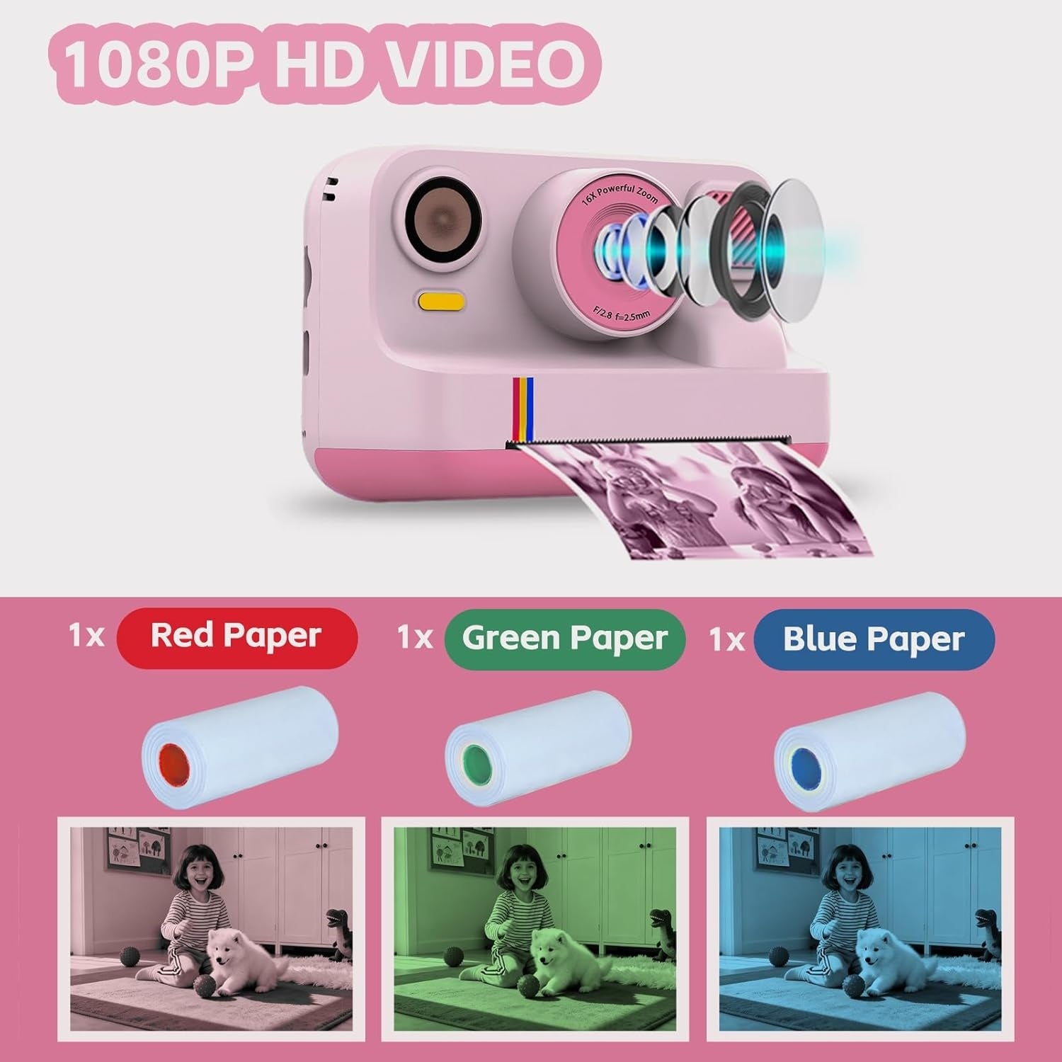 NÖRDIC 2,4" HD Pika-kamera, Mini kamera valokuvien tulostukseen/videotallennukseen, yhteensopiva sovellus, Pinkki