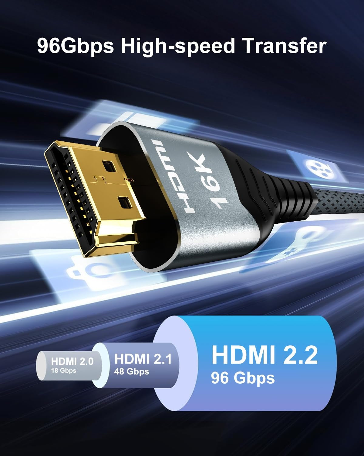 NÖRDIC 2m HDMI 2.2 kaapeli 96 Gbps, tukee 16K 60Hz, 8K 240Hz, 4K 480Hz, HDCP 2.2 & 2.3, DTS:X, Dynamic HDR10+ ja eARC