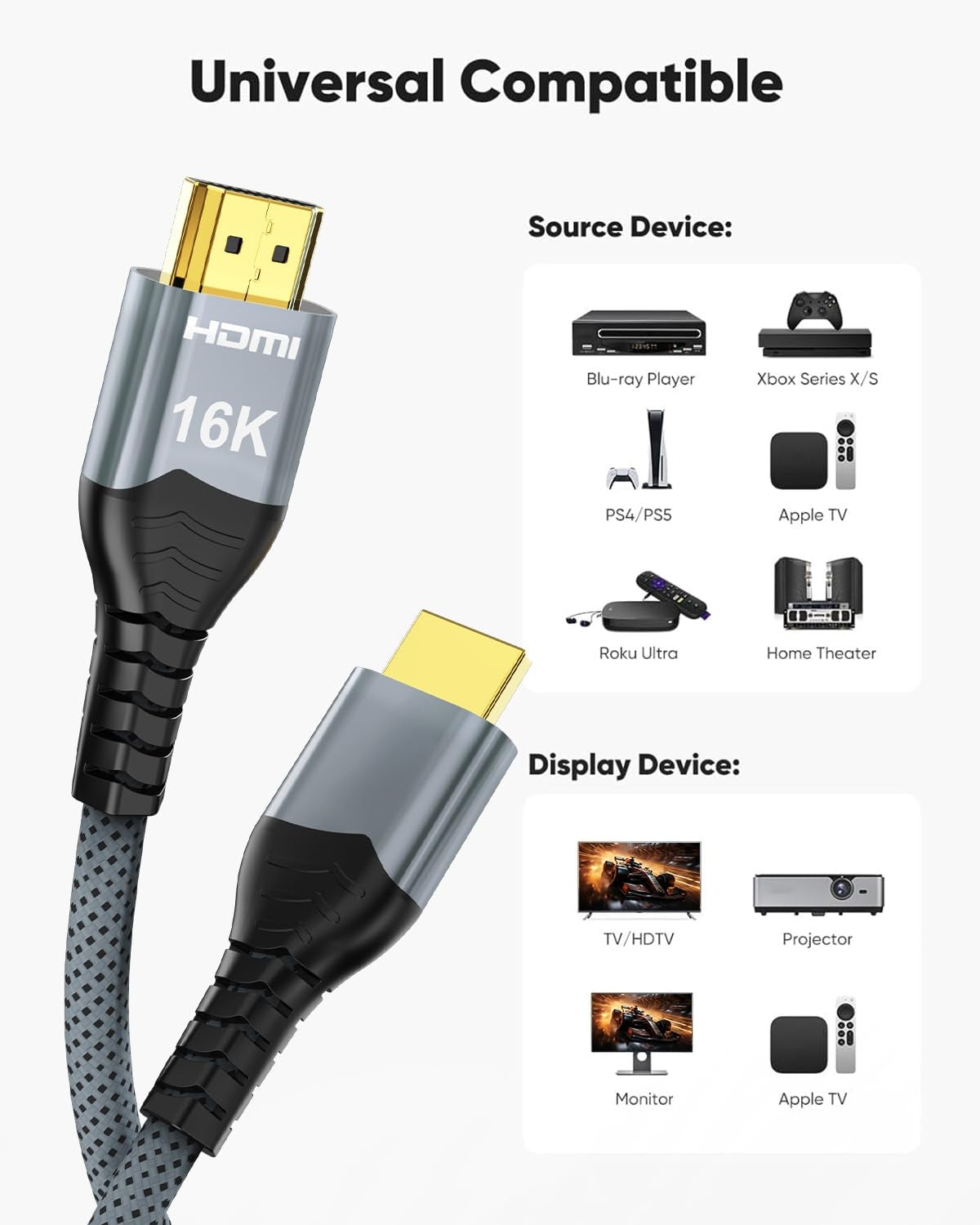 NÖRDIC 2m HDMI 2.2 kaapeli 96 Gbps, tukee 16K 60Hz, 8K 240Hz, 4K 480Hz, HDCP 2.2 & 2.3, DTS:X, Dynamic HDR10+ ja eARC