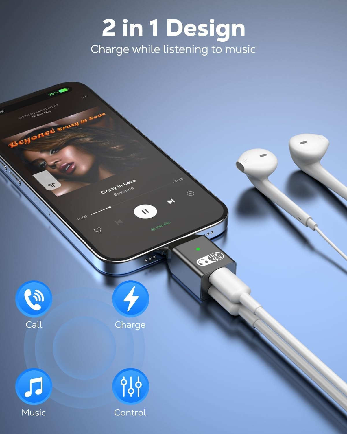 NÖRDIC USB-C - Lightning + USB-C -sovitin äänentoistoon ja pikalataukseen 45W