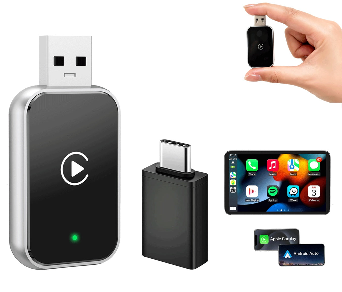 NÖRDIC 2-in-1 langaton Android CarPlay -sovitin, USB-C-adapterilla, Plug & Play, WiFi 5,8 GHz, tukee iOS 10+ ja Android 11+