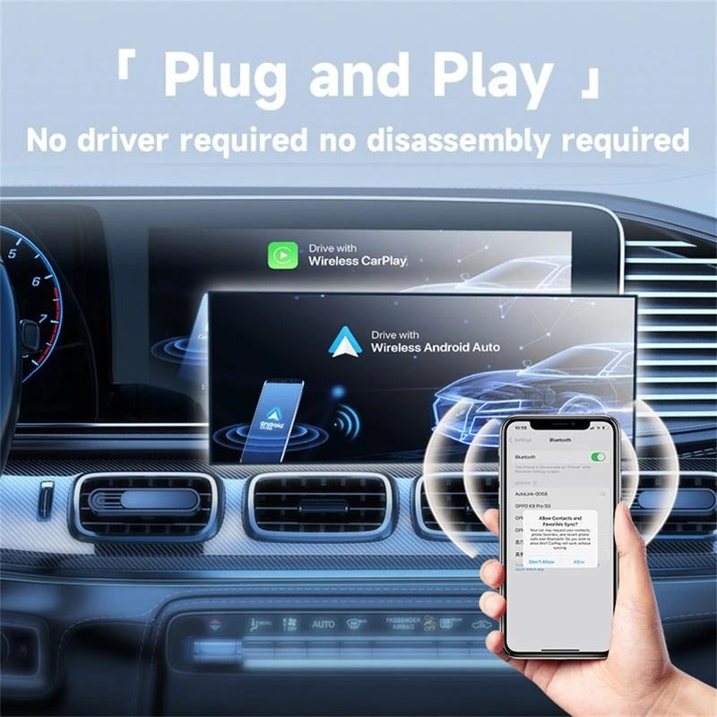 NÖRDIC 2-in-1 langaton Android CarPlay -sovitin, USB-C-adapterilla, Plug & Play, WiFi 5,8 GHz, tukee iOS 10+ ja Android 11+
