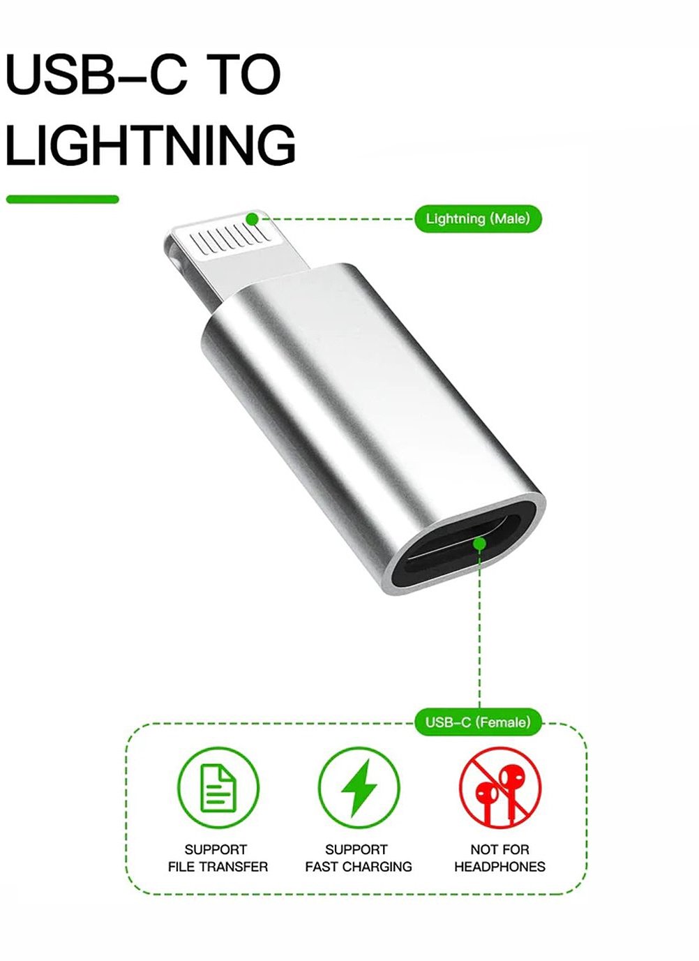 NÖRDIC 2-in-1 -sovitinsarja USB C–Lightning naaras ja Lightning ur–USB C na (non-MFI) alumiinia