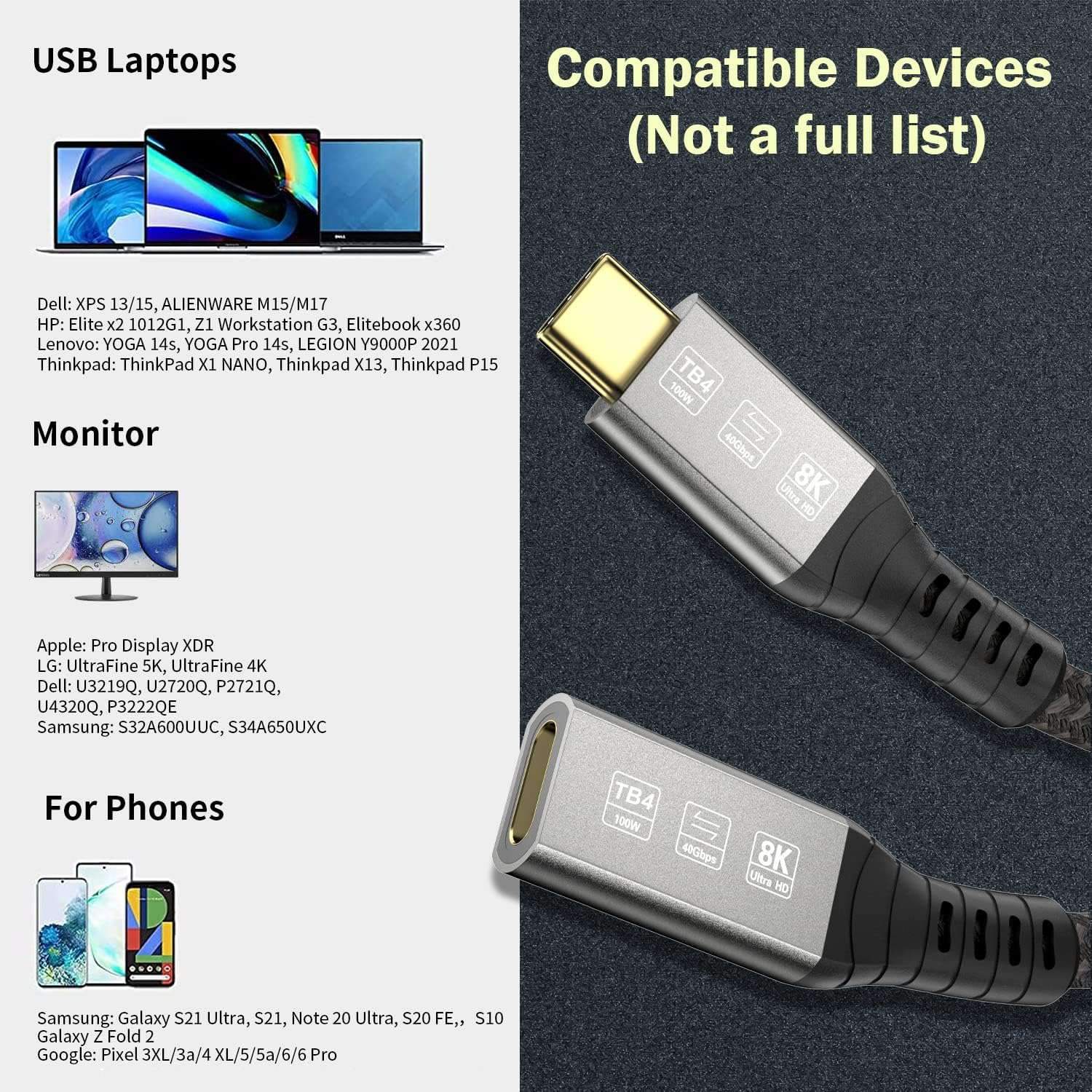 NÖRDIC 2m Thunderbolt 4 jatkokaapeli, USB-C uros-naaras, 100W pikalataus, 40Gbps, 8K 60Hz