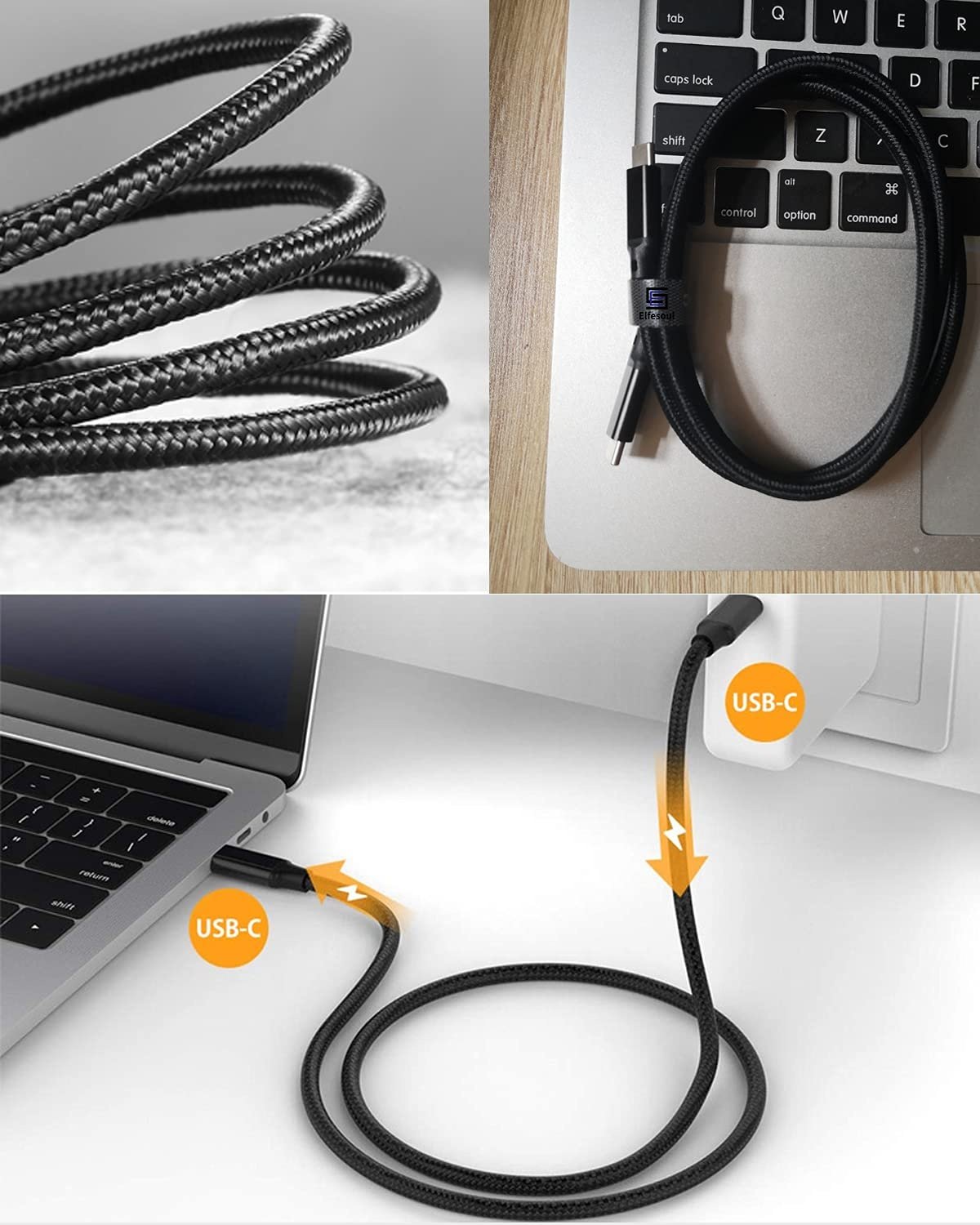 NÖRDIC 2m USB3.2 Gen2 SuperSpeed USB 10 Gbps USB-C–C nylon-punottu kaapeli Power Delivery 100W, 4K60Hz video ja Emarker