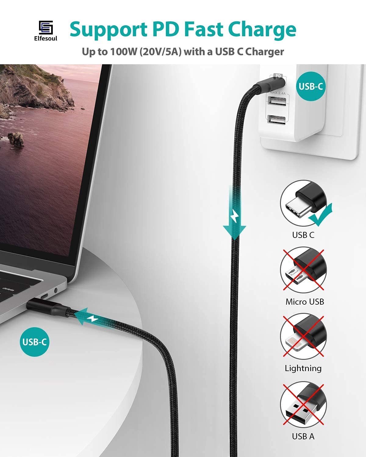 NÖRDIC 2m USB3.2 Gen2 SuperSpeed USB 10 Gbps USB-C–C nylon-punottu kaapeli Power Delivery 100W, 4K60Hz video ja Emarker