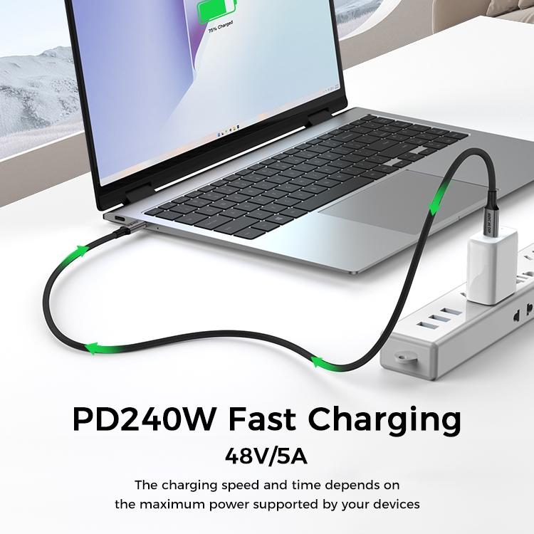 NÖRDIC 2m USB4 USB-C–C nylonpunoskaapeli PD3.1 240W 40G 8K60Hz 4K144Hz harmaa