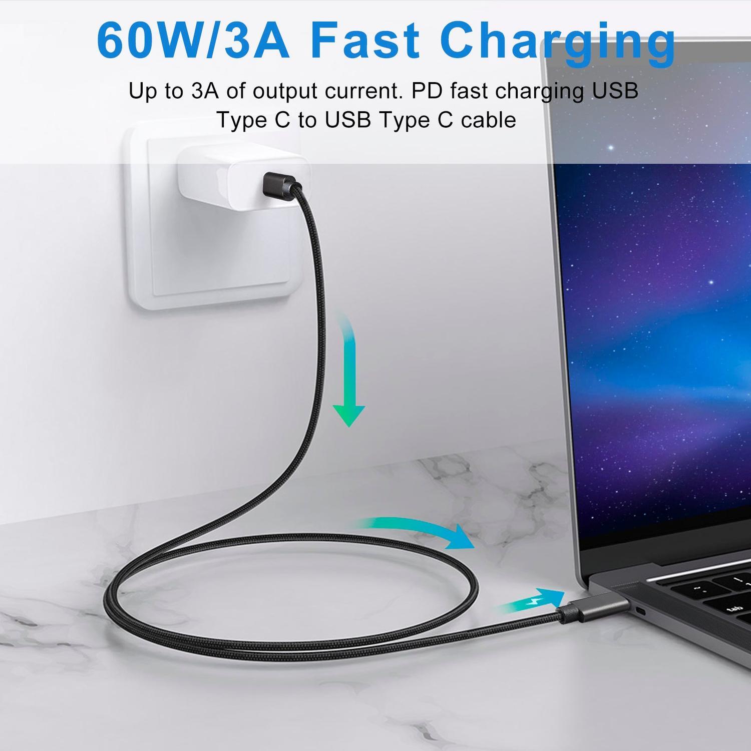 NÖRDIC 2m USB C 3.1 USB C Nylon Braided Kaapeli Pika lataus 3A Gen1 5Gbps Power Delivery PD 60W